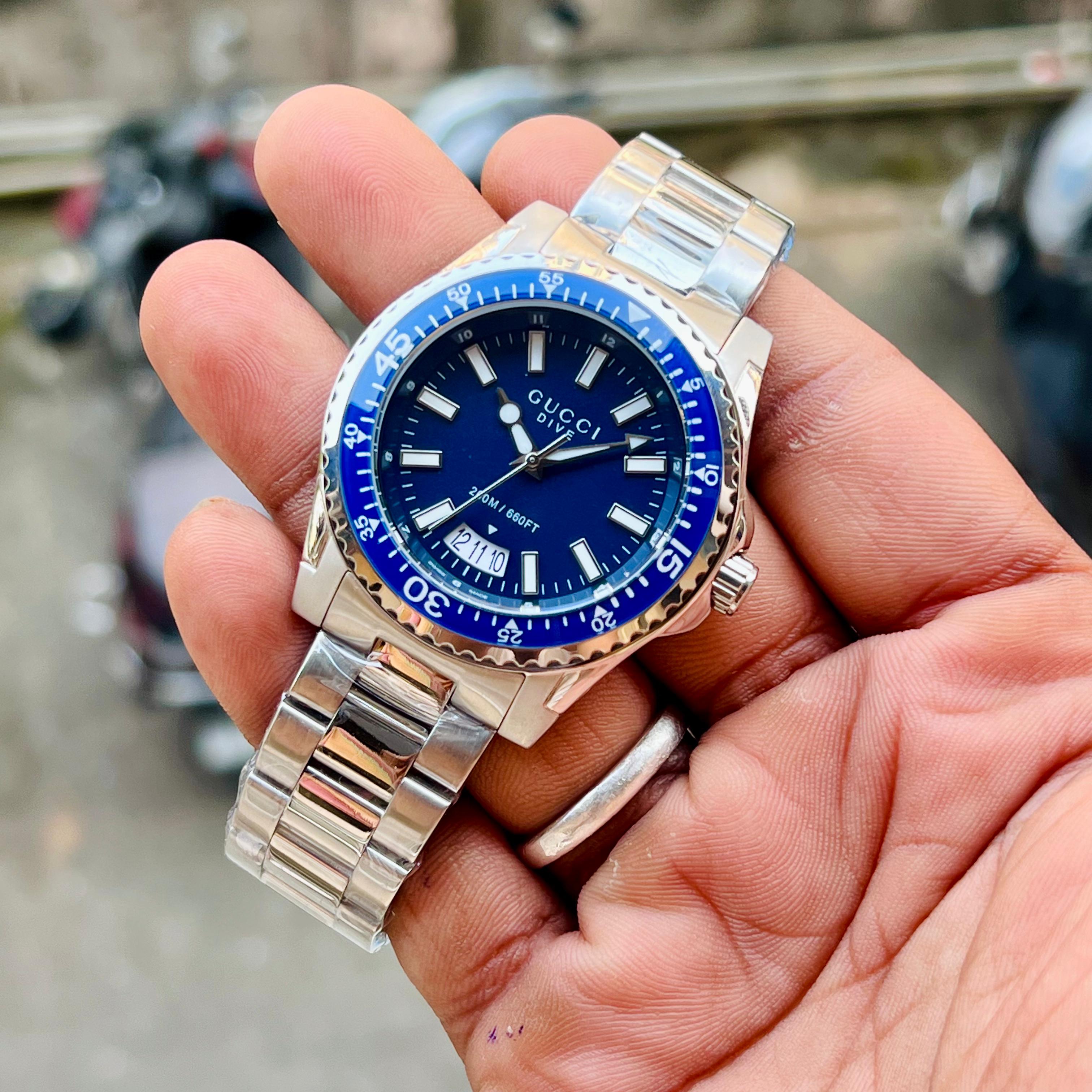 GUCCI DIVE  YA136203 BEST HIGH PREMIUM QUALITY PURE JAPAN MACHINE FULL STEEL METAL BELT BLUE DIAL